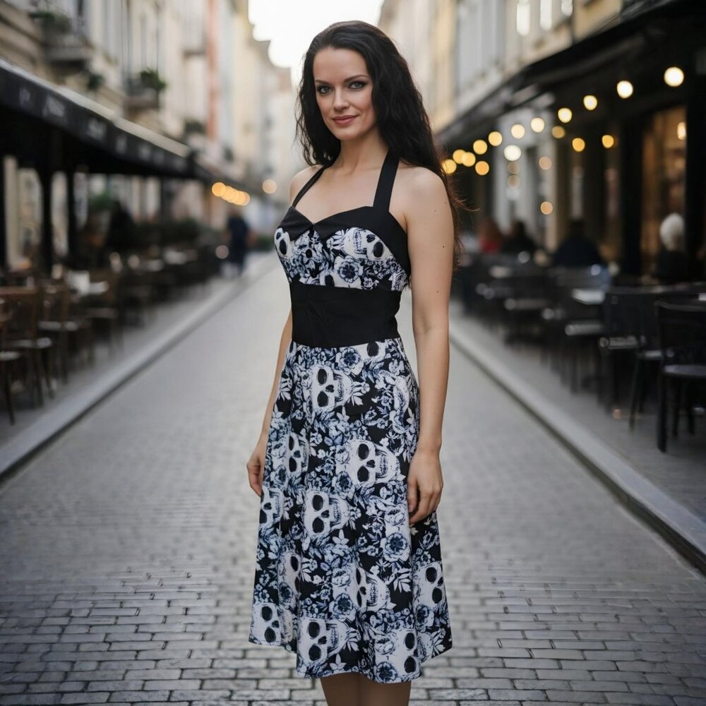 Retro ✦ Halter Skull Floral Print Midi Dress ✦ Shirred Back Adjustable Tie S/M